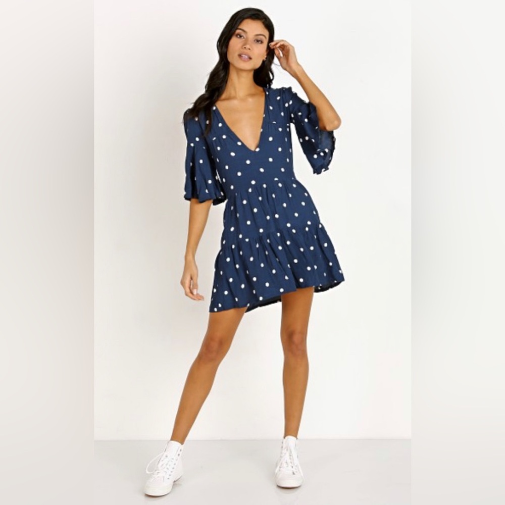 Faithfull The Brand Fresa Dress Ronja Dot Blue Deep V-Neck 100% Rayon Size 8